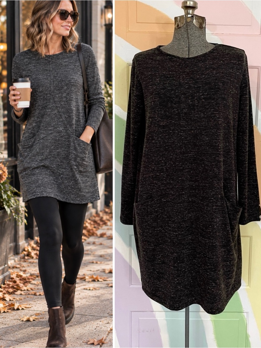 Clara Sun Woo Heather Gray Stretch Tunic Top Front Pockets Longline M 💚🎀